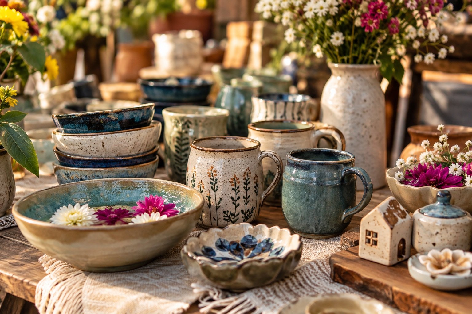 A collection of handcrafted ceramic mugs and bowls