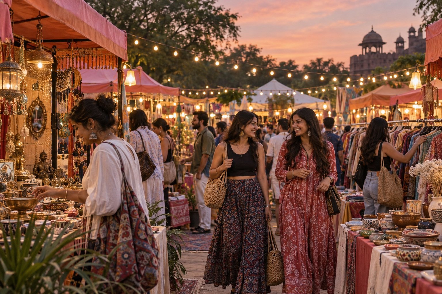 An inviting artisan market lit by strings of warm lights